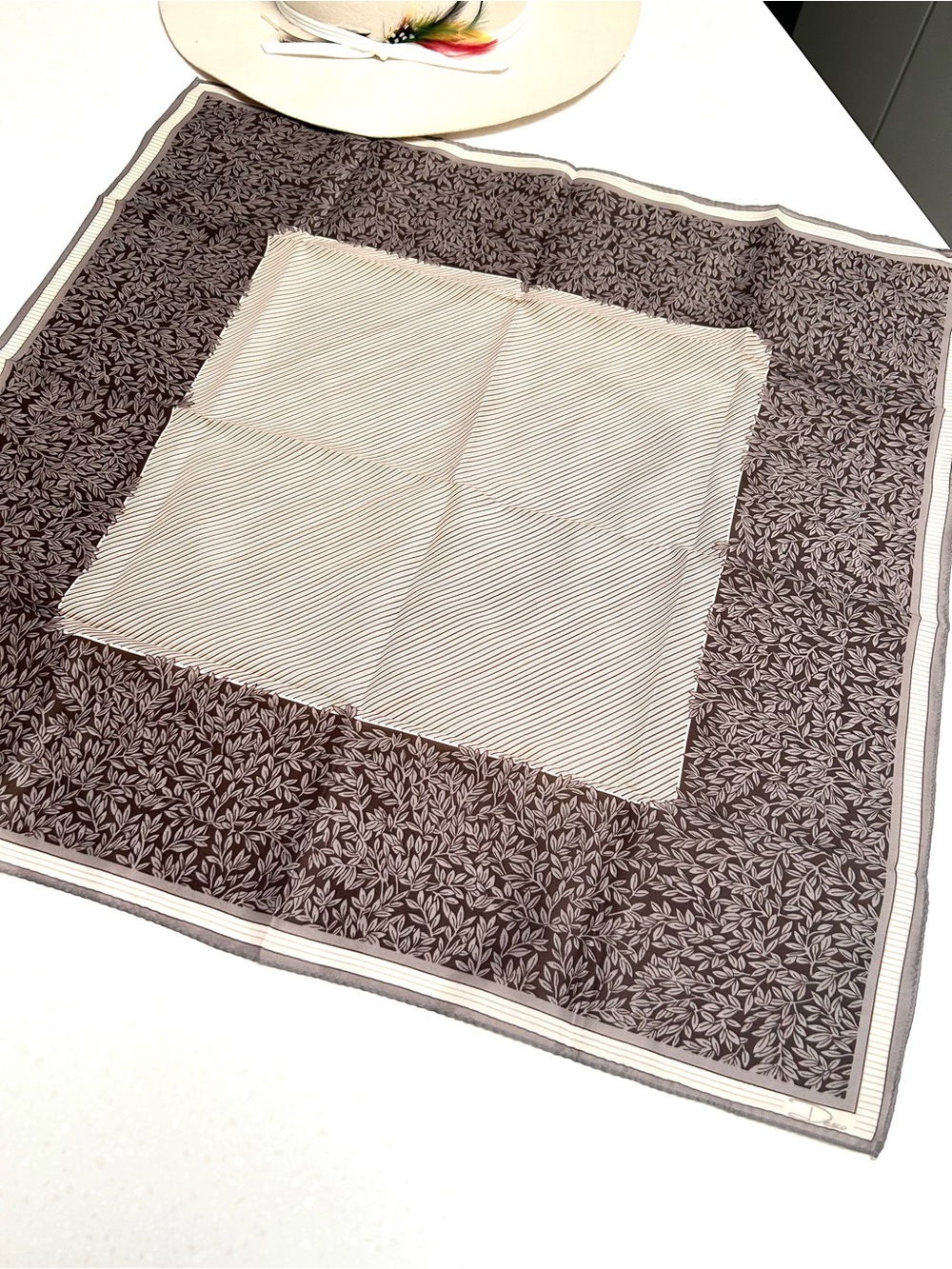 Vintage Brown and Cream Floral Border Silk Scarf